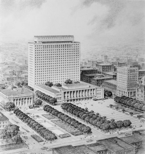 Original design for City Hall, showing rectangular concrete building with low building in front, and large tree-lined public square