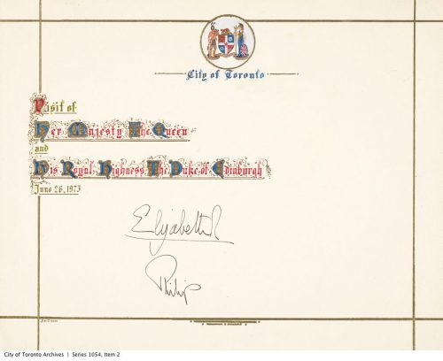 Card commemorating the visit of Queen Elizabeth to Toronto in 1973