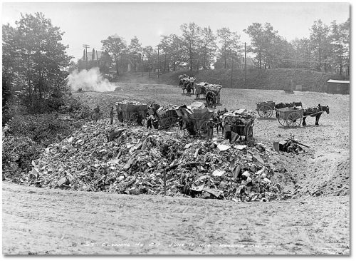 Horse-drawn carts full of garbage walk to a ravine full of garbage.