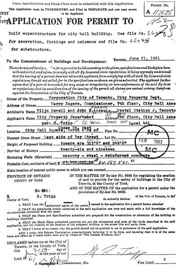 Permit says: Application for permit to build superstructure for city hall building