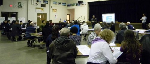 Councillor Perruzza giving opening remarks to an audience at the March 2017 Keele Finch Plus meeting.