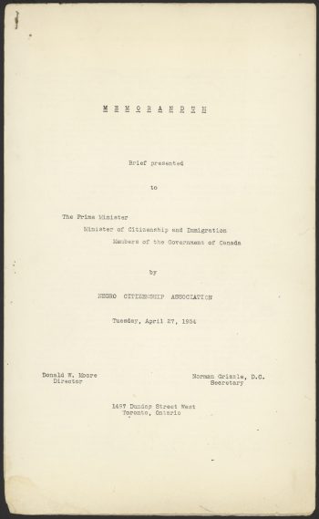 Cover page of memorandum presented to the Prime Minister by the Negro Citizenship Association