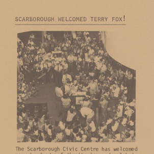 A picture of the Borough of Scarborough Employee Newsletter showing the crowd gathering around Terry Fox inside the Scarborough Civic Centre