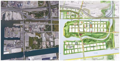 Two maps showing the current and future versions of the Port Lands area, including flood protection measures