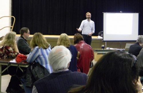 An audience watching a presentation at the March 2017 Keele Finch Plus meeting.