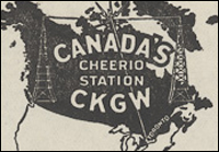 black and white sketch of map imprinted with 'Canada's Cheerio Station CKGW' logo