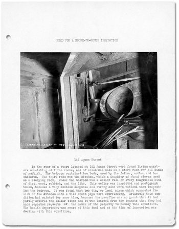 Book page that includes photograph of pipes and garbage in a basement.