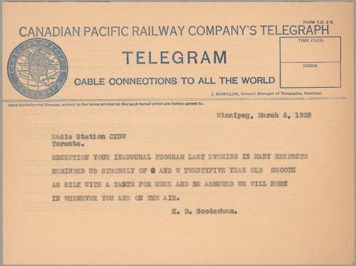 Telegram from H.D. Gooderham to staff at CKGW radio station