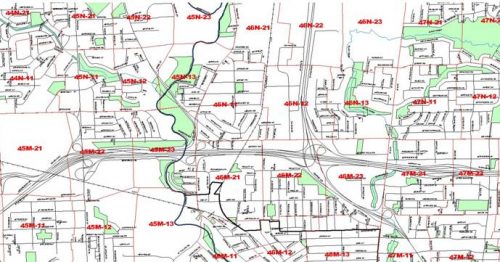 Sample of the citywide map showing streets, property data maps tiles and parks