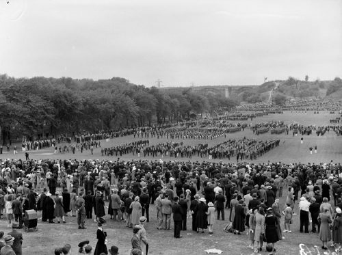 Crowd watches army regiments in formation in a park.