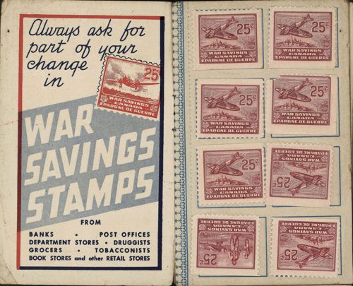 The left side of this open booklet reads, 'Always ask for part of your change in war savings stamps.' The right side has eight war savings stamps stuck onto spaces provided.