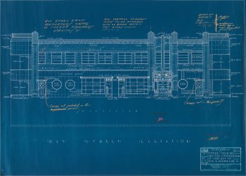 Blueprint of facade of two-storey building with long rows of windows.