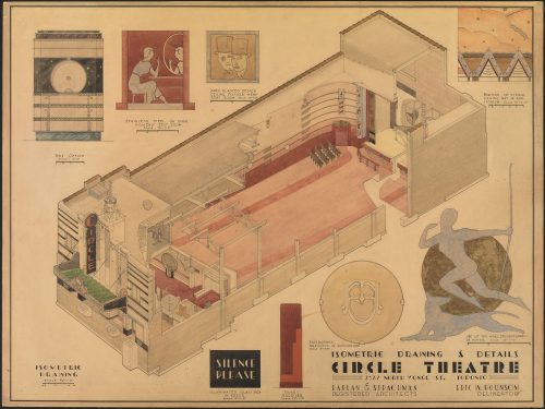Drawing of interior of a theatre, and details of Art Deco wall and design decorations.