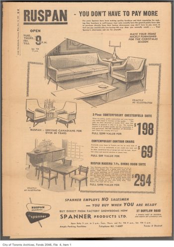 Ad showing modern living room and dining room furniture.