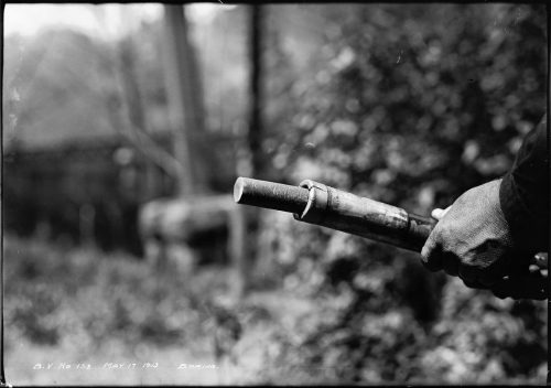 Close-up of core sample sticking out of a pipe held in a hand.