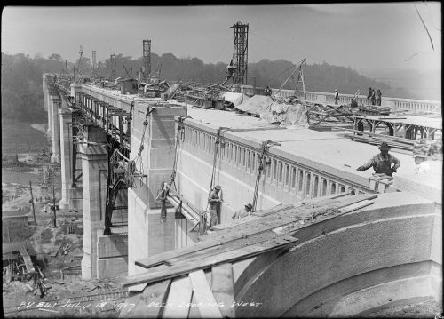 Looking over roadbed of viaduct under construction.