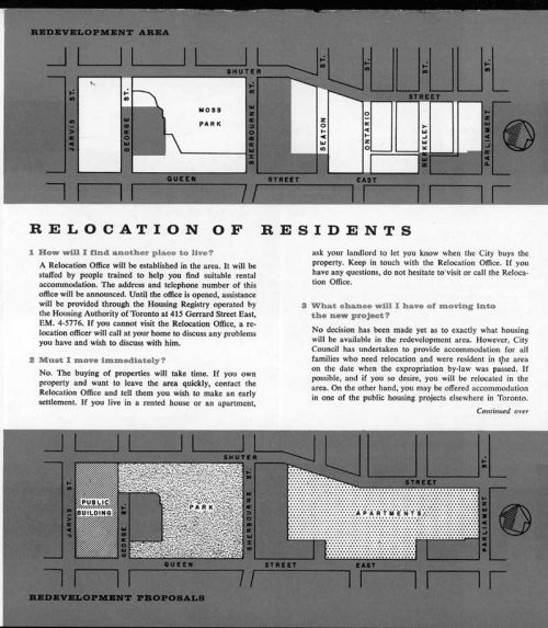 Brochure page with map of before and after development, and information about relocating to the new buildings