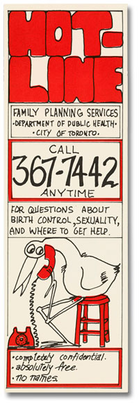 Bookmark with phone number and a cartoon of a stork using the phone.