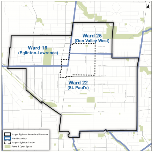 Map showing Yonge-Eglinton secondary plan boundary, Yonge-Eglinton Centre boundary, and boundaries for wards 16, 22 and 25.