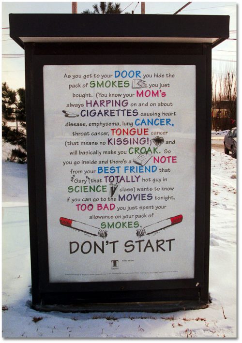 Poster that explains why teenagers should not start smoking.