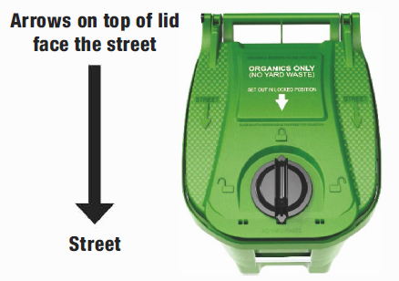 Green Bin in proper position with arrows on lid squarely facing the street and the handle in the locked position 