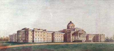 Watercolour painting of a large hospital building in 1846