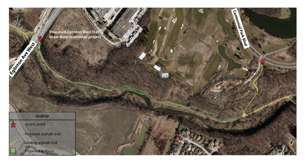 Map of Etobicoke Creek North Trail showing the route from Eglinton Ave West to Centennial Park Blvd along the Etobicoke Creek. Includes trail access points.