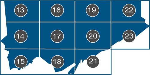 A key map identifying the geographic areas of the Official Plan Land Use Maps 13 to 23