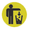 A yellow circle with a black stick figure beside a black garbage can. The stick figure is putting trash in the bin. 