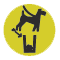 A yellow circle with a black dog on a leash and a garbage can.