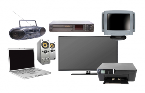 Group of large electronic waste items. Includes a TV, VCR, laptop, computer monitor, printer, stereo, and speakers. 