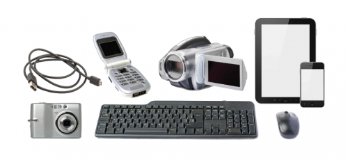 Group of small electronic waste items. Includes a cellphone, computer mouse, keyboard and cable, tablet, camera and video recorder. 