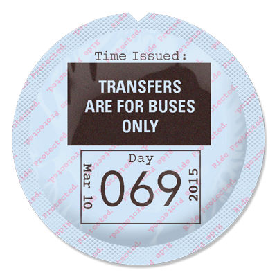 white condom wrapper looks like TTC transfer. Reads 'Transfers are for buses only. Day 069'