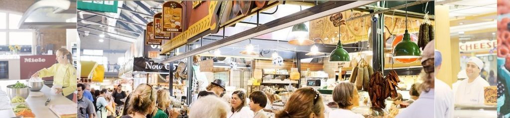 Banner of images showing a cook using the Market Kitchen and patrons visiting a deli in the South Market.