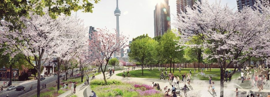 Rendering of Rail Deck Park showing people enjoying the park