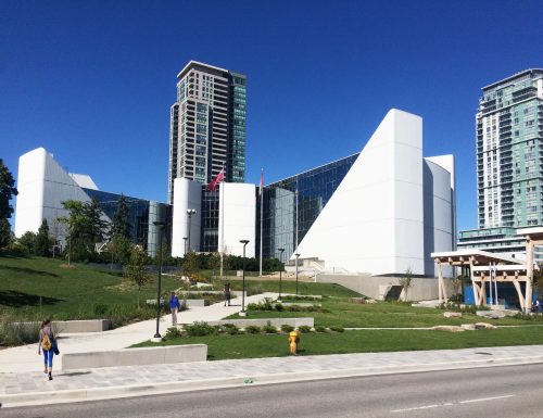 People using the open space and streetscape outside the Scarborough Civic Centre and Scarborough Public Library