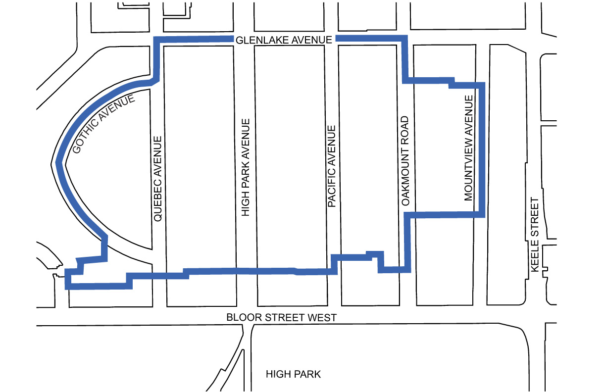 Map showing boundary of High Park Apartment Neighbourhood study area which includes streets and properties generally north of the Bloor Danforth Subway corridor, west of Keele Street, east of Gothic Avenue and south of Glenlake Avenue.