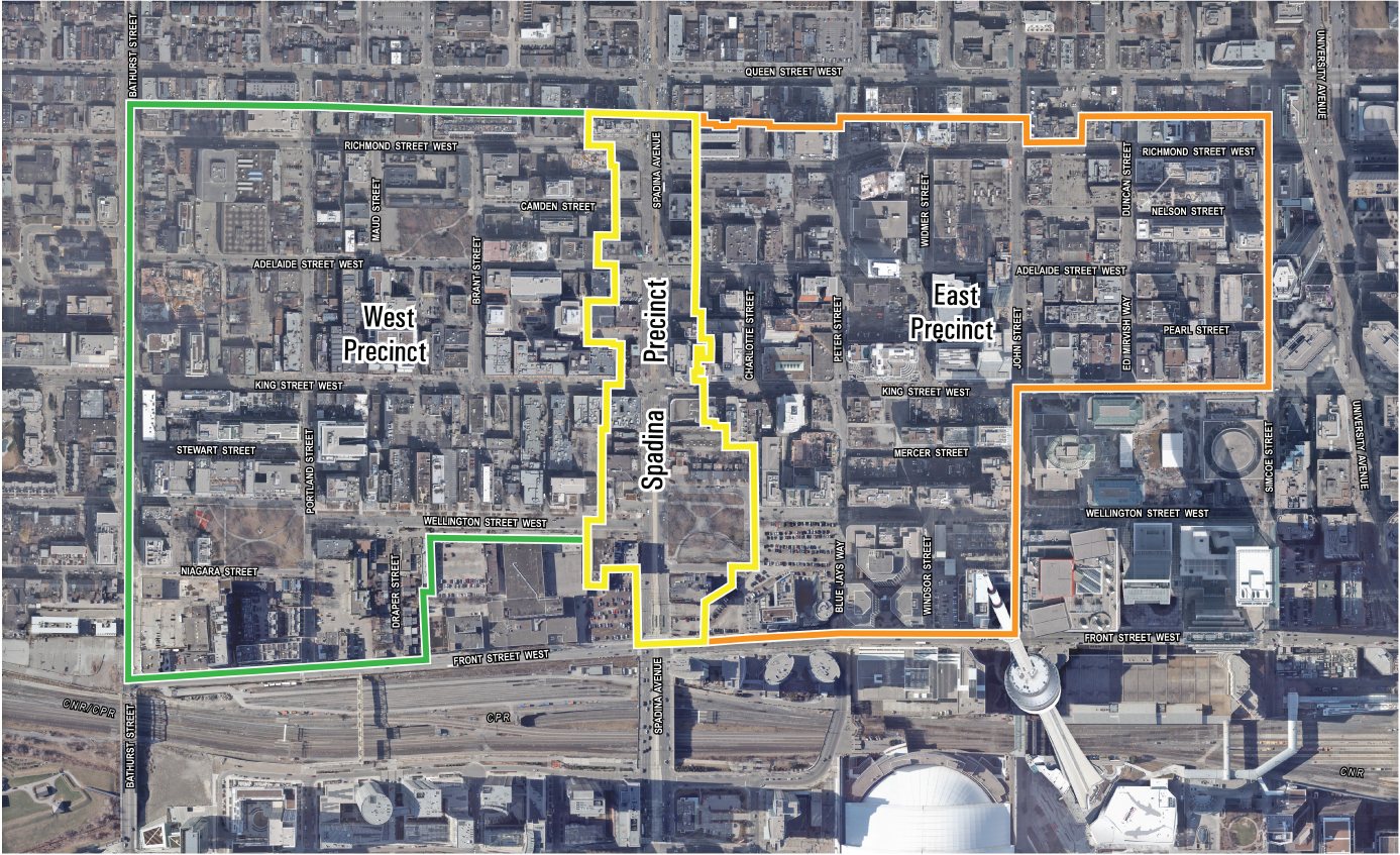 This image shows The King-Spadina Area which includes three precincts – the East Precinct, Spadina Precinct, and West Precinct.