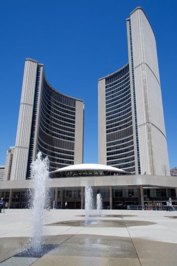 View of Toronto City Hall with the disappearing water feature in the foreground