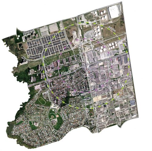 This aerial map around the Keele Street and Finch Avenue West area includes a 500 metre and 800 metre radius from the intersection. These radii are discussed in Provincial Policy documents, and in Metrolinx's Big Move (respectively), and help inform the future Study area (to be determined).