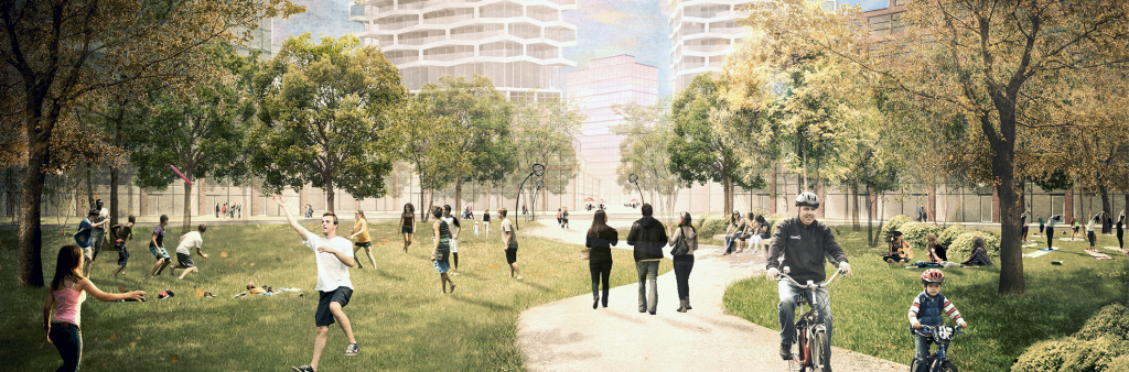 Conceptual image of a park filled with people of all ages, trees, and buildings in the background