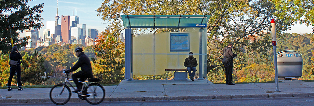 Image of a Transit Shelter and trash bin on Broadview Avenue