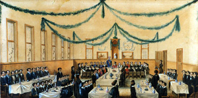 water coulour painting of a dining hall