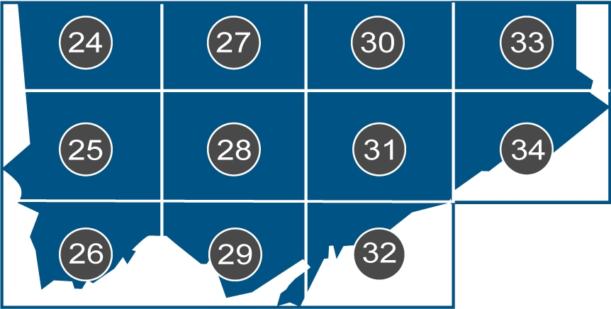 A key map identifying the geographic areas of the Official Plan Land Use Maps 13 to 23