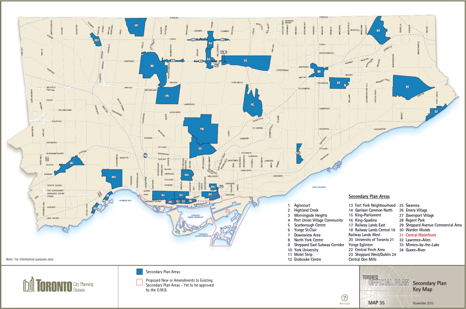 Map 35 – Secondary Plan Key Map: This map illustrates the location and boundary of the Secondary Plan Areas of the Toronto Official Plan and the proposed new or amendments to existing Secondary Plan Areas that are yet to be approved by the Ontario Municipal Board.