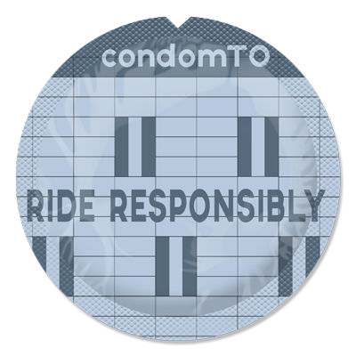 blue condom wrapper looks like tiled subway station wall. Reads 'Ride Responsibly'