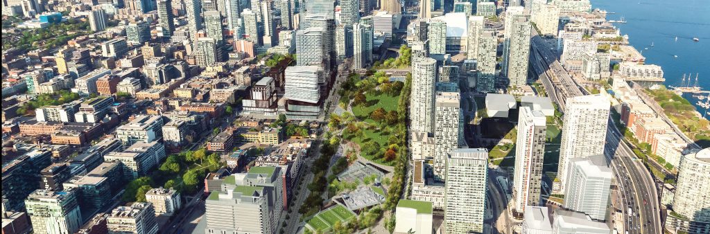 Conceptual rendering of Rail Deck Park showing a birds eye view of the site from Bathurst looking east towards the CN tower.