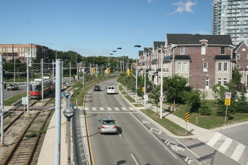 Image of queensway showing Designated lanes for street cars, motorists, cyclists and pedestrians