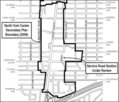 A map of the study area north along Ellerslie Avenue, south to Highway 401, west to Beecroft Road and east to Doris Avenue