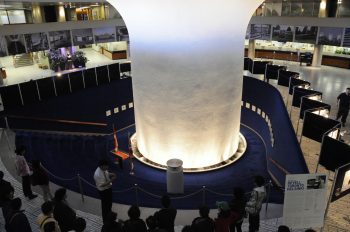 Close-up view of a small section of the Metropolis mural in the foyer at Toronto City Hall, which is made up of 100,000 common nails.